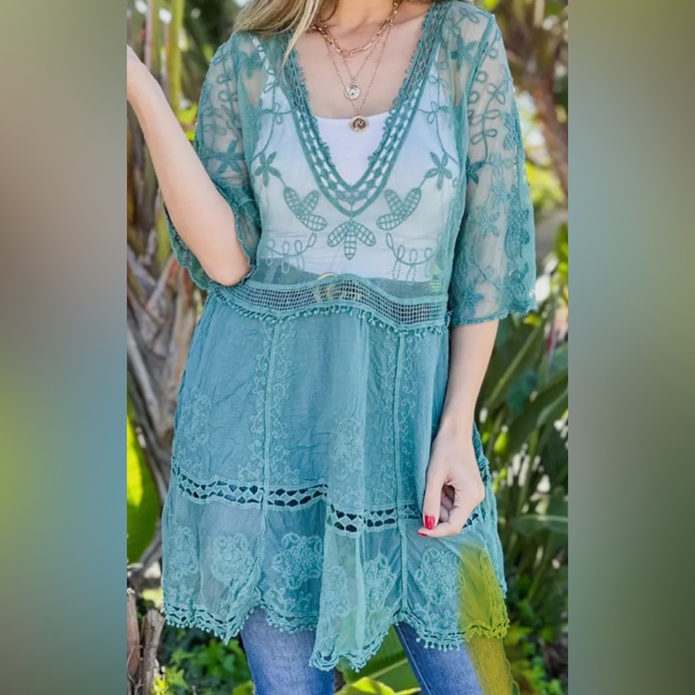 Amoli Teal Sheer Embroidered Lace Floral Tunic Top